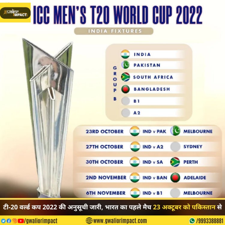 <p><strong>टी-20 वर्ल्डकप 2022 की अनुसूची जारी, भारत का पहले मैच 23 अक्टूबर को पकिस्तान से</strong></p>